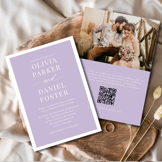 Lavender Purple QR Code Photo Minimalist Wedding Invitation (Creator Uploaded)