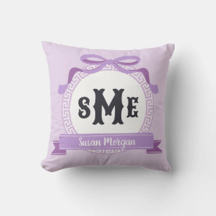 Lavender Purple Reverse Greek Key Bow Monogram Cushion