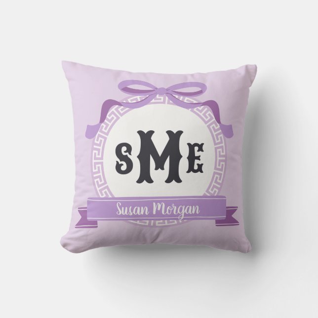 Lavender Purple Reverse Greek Key Bow Monogram Cushion (Front)