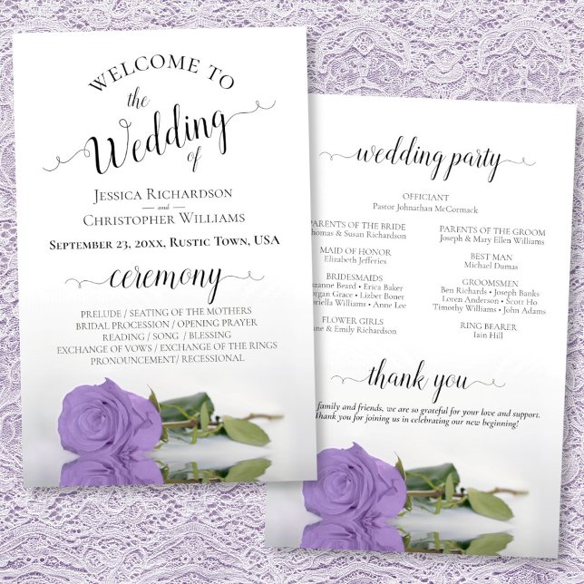 Lavender Purple Rose Chic Budget Wedding Program (Front/Back)