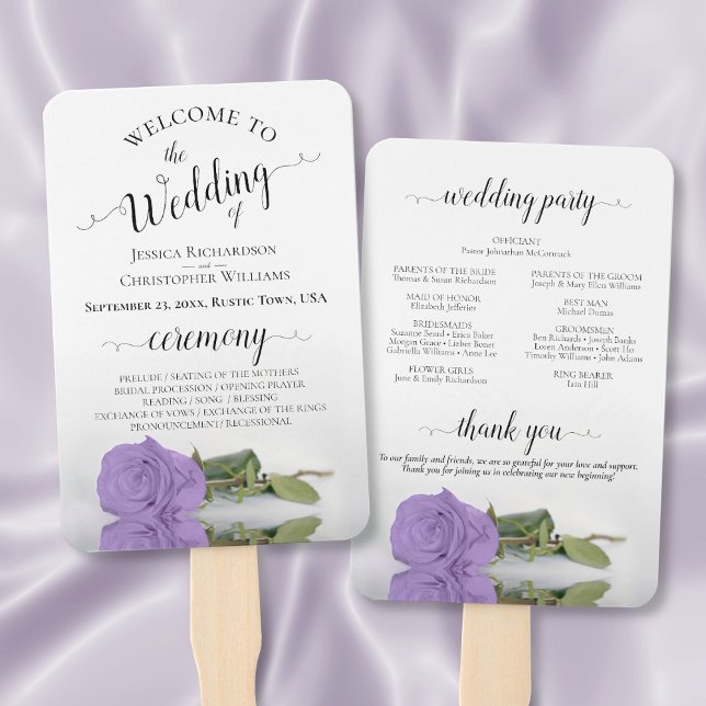 Lavender Purple Rose Elegant Wedding Program Hand Fan (Front/Back)