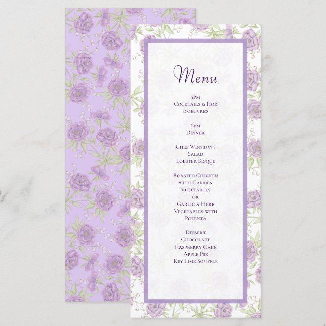 Lavender Purple Rose Wedding Menus (Front/Back)