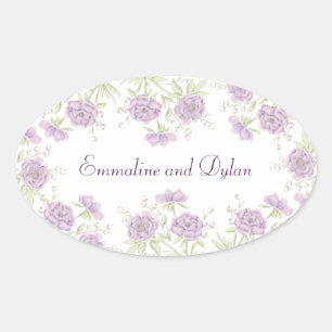 Lavender Purple Rose Wedding Oval Sticker