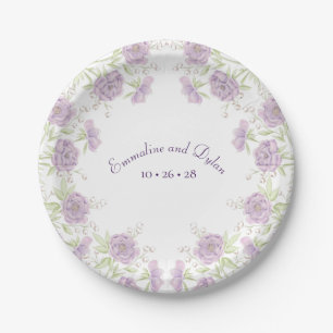 Lavender Purple Rose Wedding Paper Plate