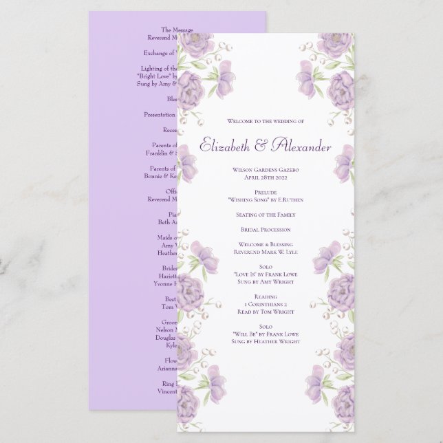 Lavender Purple Rose Wedding Programs Menu (Front/Back)