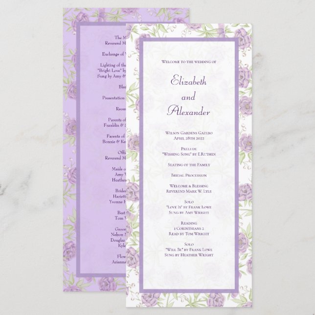Lavender Purple Rose Wedding Programs Menu (Front/Back)