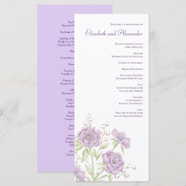 Lavender Purple Rose Wedding Programs Menu (Front/Back)