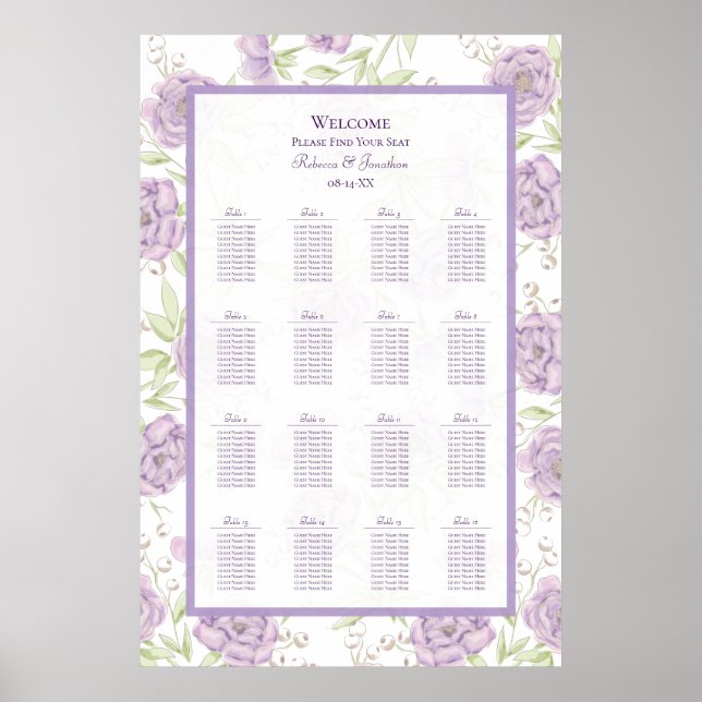 Lavender Purple Rose Wedding Seating Chart (Front)