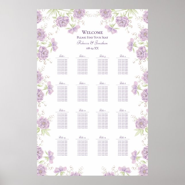 Lavender Purple Rose Wedding Seating Chart (Front)