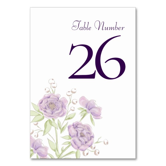 Lavender Purple Rose Wedding Table Number (Front)