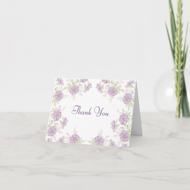 Lavender Purple Rose Wedding Thank You Note Card (Front)