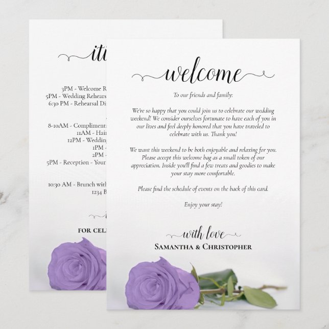 Lavender Purple Rose Wedding Welcome & Itinerary Programme (Front/Back)