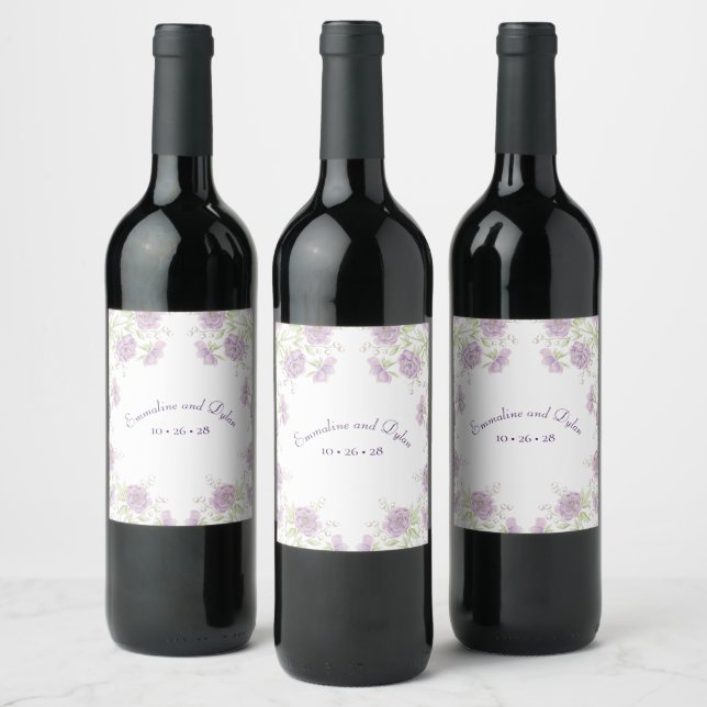 Lavender Purple Rose Wedding Wine Label (Bottles)