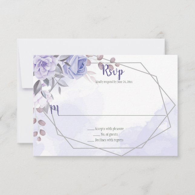 Lavender Purple Roses Silver Geometric Wedding RSVP Card (Front)