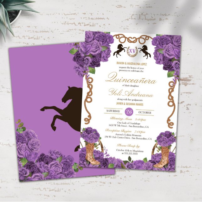 Lavender Purple Roses Western Charro Quinceanera Invitation (Creator Uploaded)