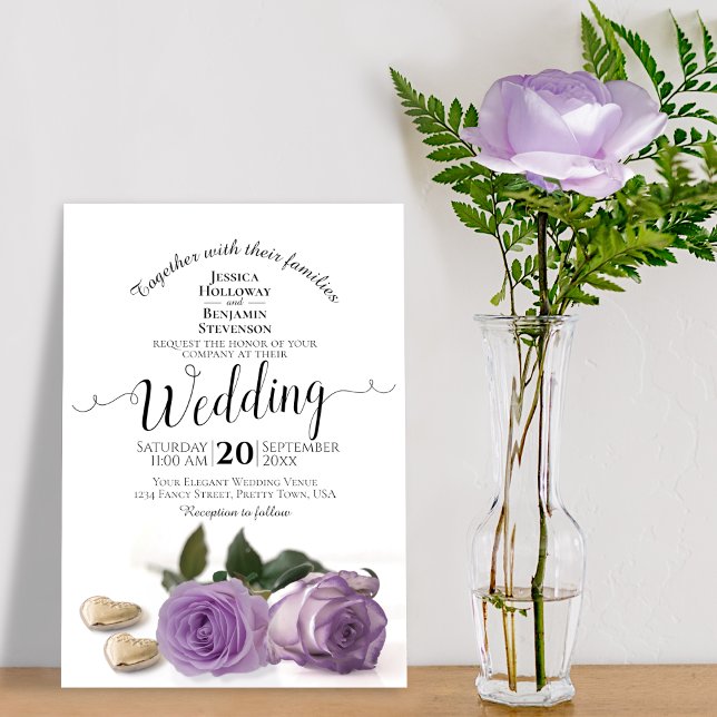 Lavender Purple Roses with Hearts Elegant Wedding Invitation (Creator Uploaded)