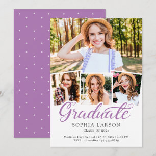 Lavender Purple Script 4 Photo Collage Graduation Announcement