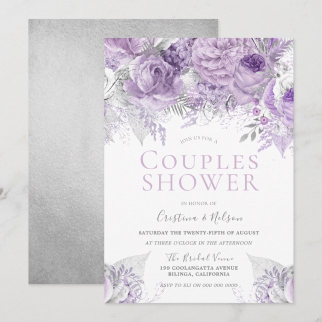 Lavender Purple Silver floral Couples Shower Invitation (Front/Back)