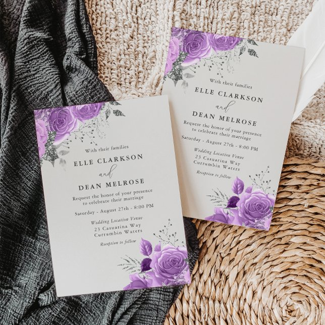 Lavender Purple & Silver Floral Elegant Wedding Invitation (Creator Uploaded)