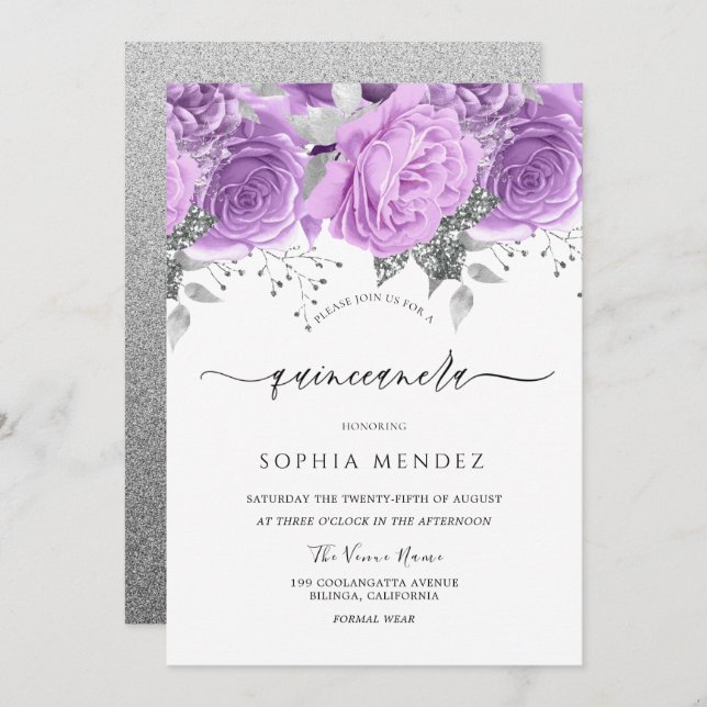 Lavender Purple Silver Floral Sparkle Quinceanera Invitation (Front/Back)