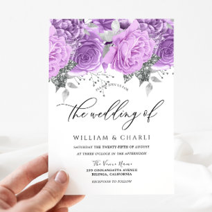 Lavender Purple & Silver Floral Sparkle Wedding Invitation