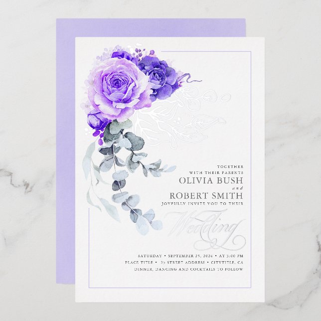 Lavender Purple & Silver Foil Floral Boho Wedding (Front/Back)