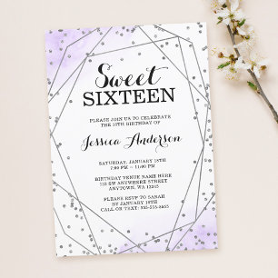 Lavender Purple Silver Glitter Geometric Sweet 16 Invitation