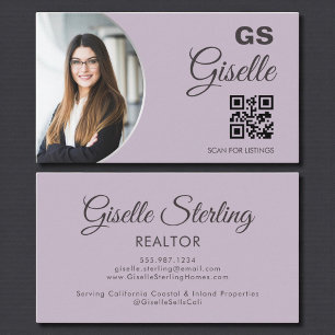 Lavender Purple Silver Monogram Realtor QR Code  Business Card