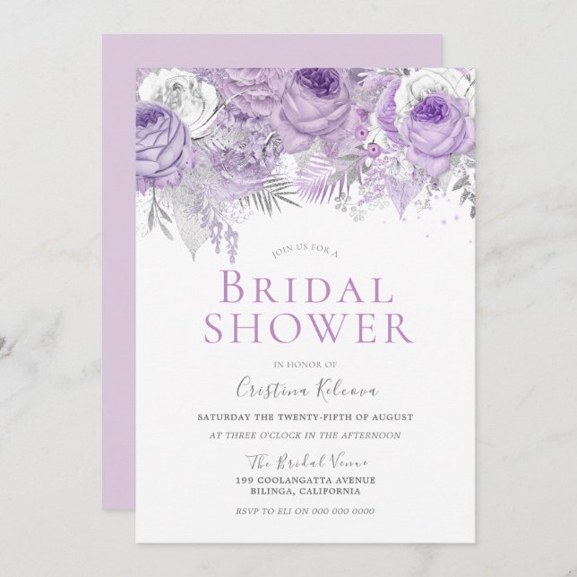 Lavender Purple Sparkle Floral Bridal Shower Invitation (Front/Back)