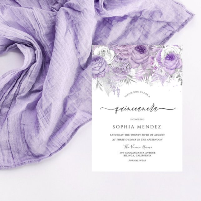 Lavender Purple Sparkle Floral Quinceanera Party  Invitation (Creator Uploaded)