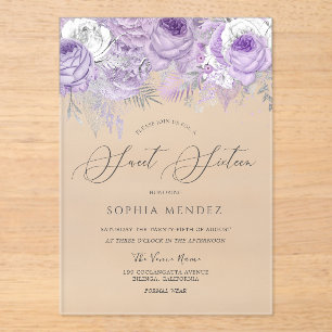 Lavender Purple Sparkle Floral Sweet 16 Frosted Acrylic Invitations