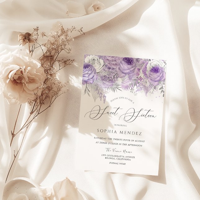 Lavender Purple Sparkle Floral Sweet 16 Party Invitation (Creator Uploaded)