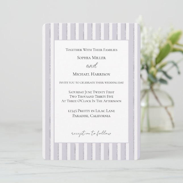 Lavender Purple Sparkle Glitter Stripes Wedding Invitation (Standing Front)
