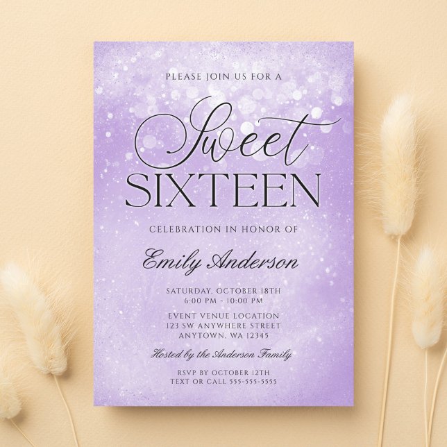 Lavender Purple Sparkle Sweet 16 Invitation (Creator Uploaded)