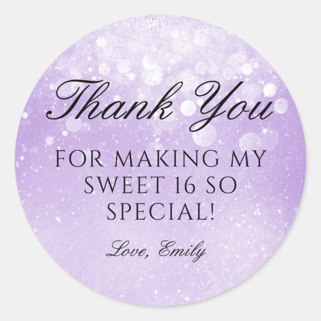 Lavender Purple Sparkle Sweet 16 Thank You Classic Round Sticker (Front)