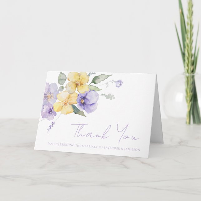 Lavender Purple & Sunshine Yellow Floral Wedding  Thank You Card (Front)