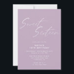 Lavender Purple Sweet Sixteen Lilac 16th Birthday Invitation<br><div class="desc">Pretty and simplistic 16th birthday invitations with heading "Sweet Sixteen" text in white script font on an airy pastel purple background. The reverse side features a pattern of the word "sixteen" in coordinating script. The reverse side pattern, as well as the background colour, can be changed by using the design...</div>