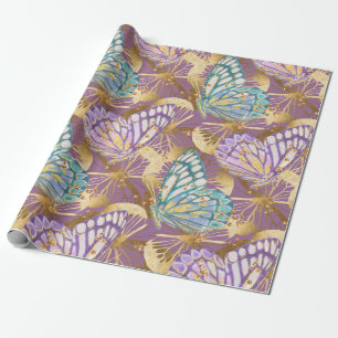 Lavender Purple Teal and Gold Butterfly Gift Wrap