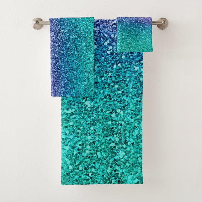Lavender Purple & Teal Aqua Green Sparkly Glitter Bath Towel Set (Insitu)