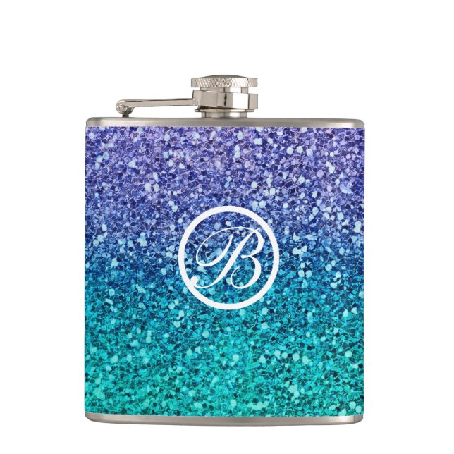 Lavender Purple & Teal Aqua Green Sparkly Glitter Hip Flask (Front)