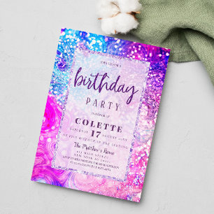 Lavender purple teal marble glitter Birthday Party Invitation