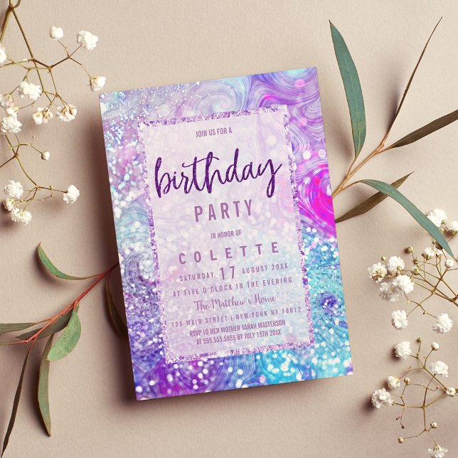 Lavender purple teal marble glitter Birthday Party Invitation (Lavender purple teal marble glitter Birthday Party Invitation )