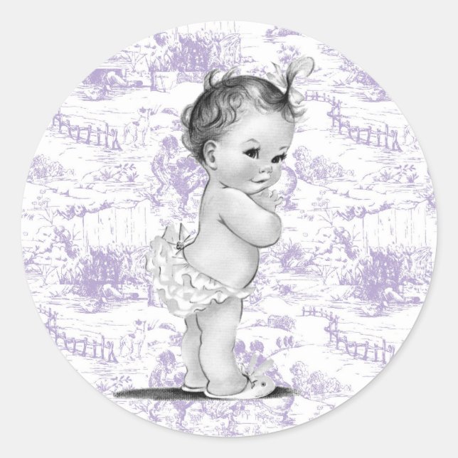 Lavender Purple Vintage Toile Baby Shower Stickers (Front)