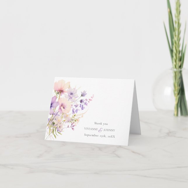 Lavender Purple Violet Wildflowers Wedding Thank You Card (Front)