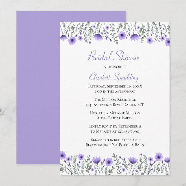 Lavender  Purple Watercolor Floral Bridal Shower Invitation (Front/Back)