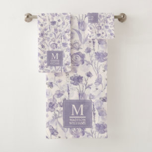 Lavender Purple Watercolor Floral Flowers Pattern Bath Towel Set