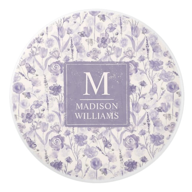 Lavender Purple Watercolor Floral Flowers Pattern Ceramic Knob (Front)