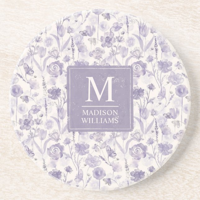 Lavender Purple Watercolor Floral Flowers Pattern Coaster (Front)