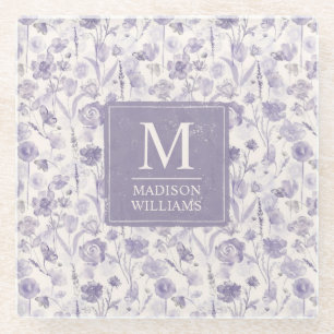 Lavender Purple Watercolor Floral Flowers Pattern Glass Coaster