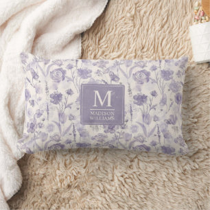 Lavender Purple Watercolor Floral Flowers Pattern Lumbar Cushion